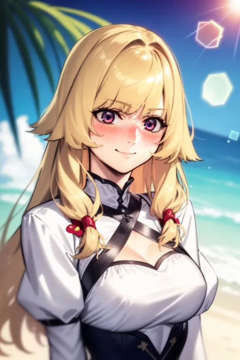 upper body, solo, 1girl, embarrassed nose blush smile, golden hair, diagonal bangs, cream eyes, muscular female, lens flare, Cordyline \(flower\), floral background <lora:azusa_(hws)_style_v01:1>