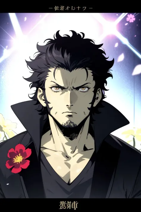 upper body, solo, 1boy, male focus, miserable, black hair, fade with sideburns, white eyes, lens flare, Willow_curly \(flower\), floral background <lora:azusa_(hws)_style_v01:1>