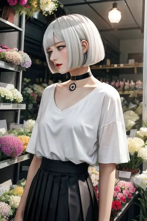 illustration, flower shop, 1girl, solo, looking away, white hair, bob cut, slanted blue eyes, black choker, small breasts, black T-shirt with logo, white pleated long skirt,