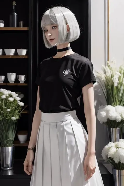 illustration, flower shop, 1girl, solo, looking away, white hair, bob cut, slanted blue eyes, black choker, small breasts, black T-shirt with logo, white pleated long skirt,