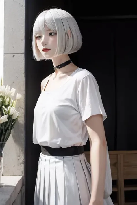 illustration, flower shop, 1girl, solo, looking away, white hair, bob cut, slanted blue eyes, black choker, small breasts, black T-shirt with logo, white pleated long skirt,