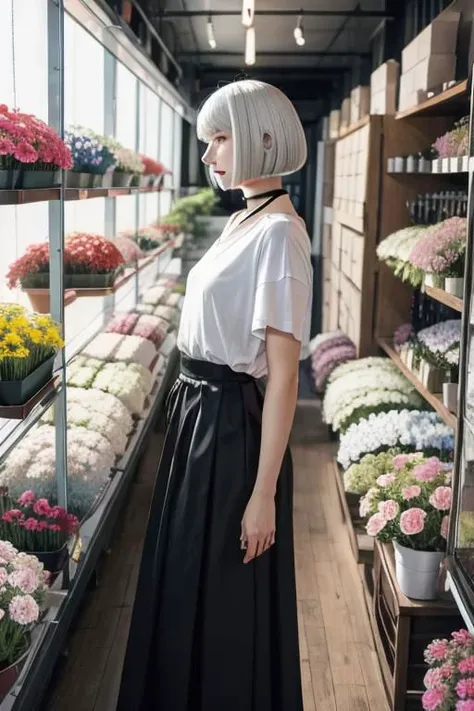 illustration, flower shop, 1girl, solo, looking away, white hair, bob cut, slanted blue eyes, black choker, small breasts, T-shirt, long skirt,