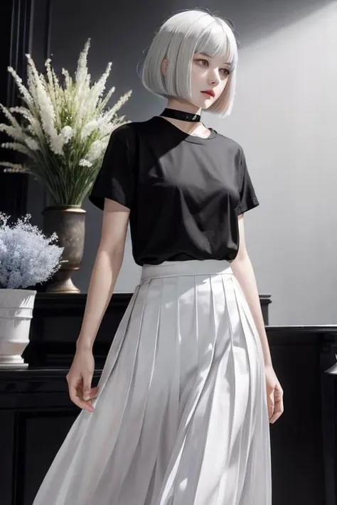 illustration, flower shop, 1girl, solo, looking away, white hair, bob cut, slanted blue eyes, black choker, small breasts, black T-shirt with logo, white pleated long skirt,