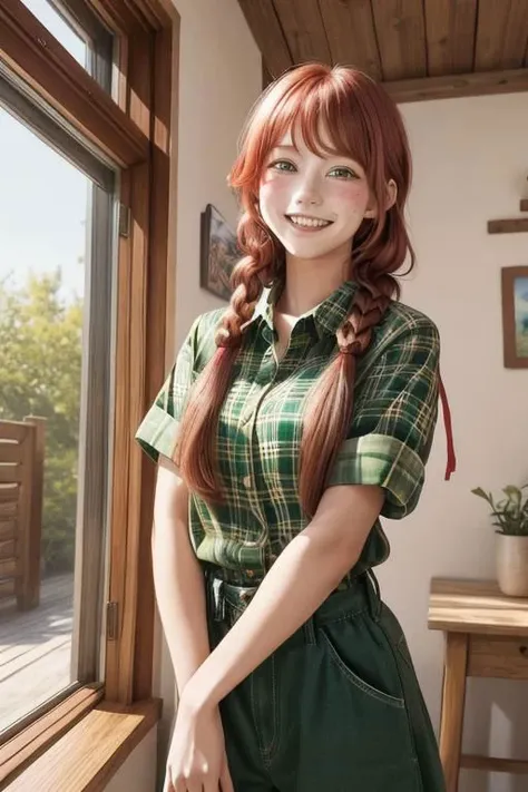 a young girl with red braid hime cut hair wearing a indica green shirt standing in front of a caro wooden wall with a window on the left side. The girl is smiling and looking at the camera with a curious expression on her face. The background of the image is a wooden floor with a rug on it. There is a deluxe wooden table with a vase of flowers on it in the foreground. The overall mood of the image is cheerful and playful, masterpiece, best quality, cinematic composition, best lighting, 1girl, freckles, long hair, shirt, open eyes, smile, open mouth, blush, plaid shirt, green shirt, pants, plaid, poking