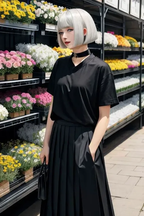illustration, flower shop, 1girl, solo, looking away, white hair, bob cut, slanted blue eyes, black choker, small breasts, black T-shirt with logo, white pleated long skirt,