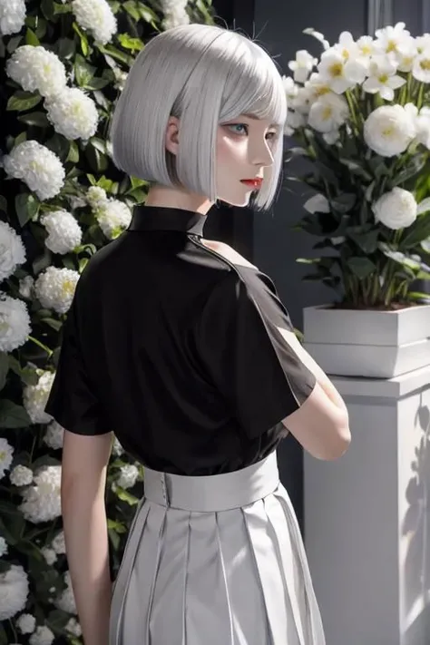 1girl, wearing t-shirt, Frieren hairstyle, silver hair, twintail, female elf, clothes detailed, overlooking, walk away to hill, back view, from back, 8k, ultra hd, ultra detailed, masterpiece.