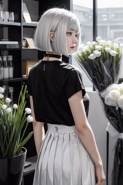 illustration, flower shop, 1girl, solo, looking away, white hair, bob cut, slanted blue eyes, black choker, small breasts, black T-shirt with logo, white pleated long skirt,