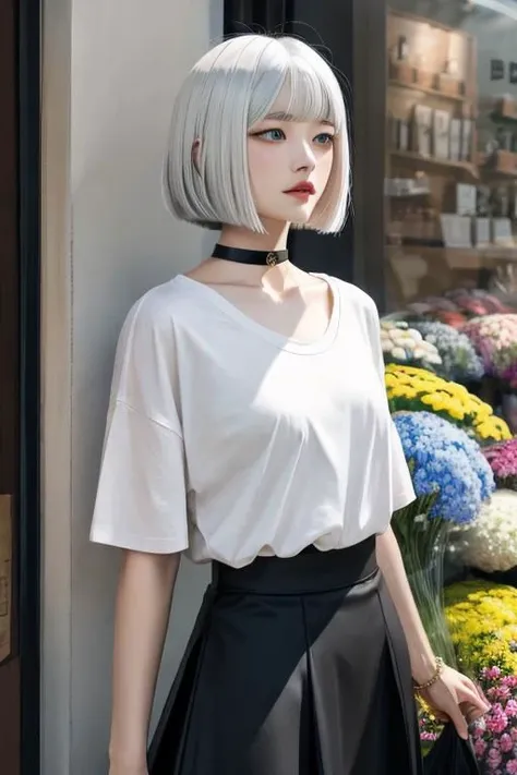 illustration, flower shop, 1girl, solo, looking away, white hair, bob cut, slanted blue eyes, black choker, small breasts, black T-shirt with logo, white pleated long skirt,