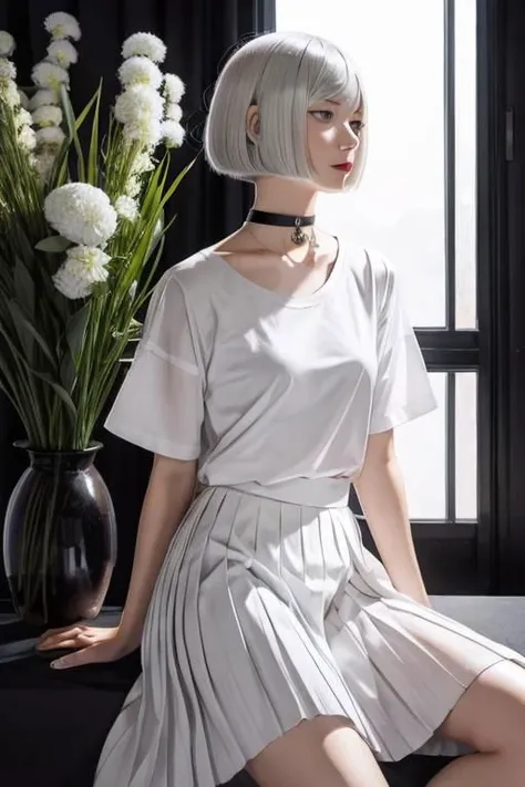 illustration, flower shop, 1girl, solo, looking away, white hair, bob cut, slanted blue eyes, black choker, small breasts, black T-shirt with logo, white pleated long skirt,