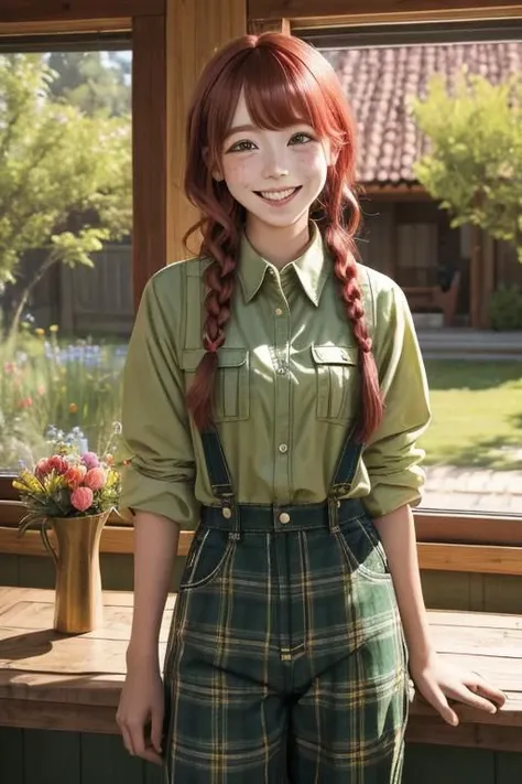 a young girl with red braid hime cut hair wearing a indica green shirt standing in front of a caro wooden wall with a window on the left side. The girl is smiling and looking at the camera with a curious expression on her face. The background of the image is a wooden floor with a rug on it. There is a deluxe wooden table with a vase of flowers on it in the foreground. The overall mood of the image is cheerful and playful, masterpiece, best quality, cinematic composition, best lighting, 1girl, freckles, long hair, shirt, open eyes, smile, open mouth, blush, plaid shirt, green shirt, pants, plaid, poking