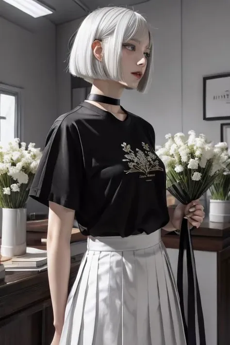 illustration, flower shop, 1girl, solo, looking away, white hair, bob cut, slanted blue eyes, black choker, small breasts, black T-shirt with logo, white pleated long skirt,