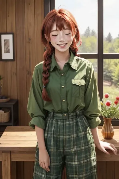 a young girl with red braid hime cut hair wearing a indica green shirt standing in front of a caro wooden wall with a window on the left side. The girl is smiling and looking at the camera with a curious expression on her face. The background of the image is a wooden floor with a rug on it. There is a wooden table with a vase of flowers on it in the foreground. The overall mood of the image is cheerful and playful, masterpiece, best quality, cinematic composition, best lighting, 1girl, freckles, long hair, shirt, closed eyes, smile, open mouth, blush, plaid shirt, green shirt, pants, plaid, poking