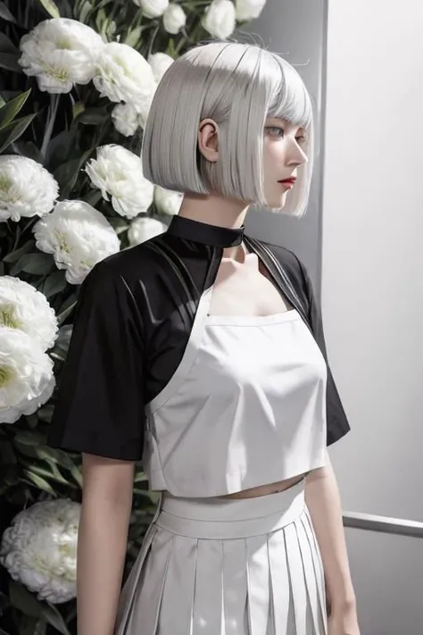 illustration, flower shop, 1girl, solo, looking away, white hair, bob cut, slanted blue eyes, black choker, small breasts, black T-shirt with logo, white pleated long skirt,