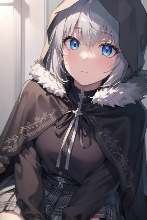 fgogray, <lyco:gray-lyco-nochekaiser:1>,
gray, blue eyes, short hair, grey hair, ahoge,
BREAK black cape, black footwear, black ribbon, black shirt, black thighhighs, cape, grey skirt, hood, hood up, long sleeves, miniskirt, plaid, plaid skirt, pleated skirt, ribbon, shirt, skirt, solo, thighhighs, zettai ryouiki,
BREAK looking at viewer,
BREAK indoors,
BREAK <lyco:GoodHands-beta2:1>, (masterpiece:1.2), best quality, high resolution, unity 8k wallpaper, (illustration:0.8), (beautiful detailed eyes:1.6), extremely detailed face, perfect lighting, extremely detailed CG, (perfect hands, perfect anatomy),
