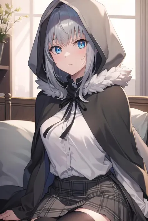 fgogray, gray, blue eyes, short hair, gray hair, Ahoge,
break hair bun, hair ribbon, ribbon, black cape, black shoes, black ribbon, black shirt, black Thighhighs, cape, grey skirt, hood, long sleeve, miniskirt, plaid, plaid skirt, pleated skirt, ribbon, shirt, skirt, alone, Thighhighs, zettai ryouiki,
break looking at viewer,
break indoors,
break (masterpiece:1.2), highest quality, High resolution, unity 8k wallpaper, (figure:0.8), (detailed and beautiful eyes:1.6), highly detailed face, perfect lighting, Very detailed CG, (perfect hands, perfect anatomy), break, NSFW, A young man and woman are having intense sex while kissing on the bed, 1 girl, sex, vagina penis, pussy, clitoris, urethra, Uterus, take off clothes, open clothes, Open shirt, open jacket, chest, nipple, lift up skirt, blush, sex with men, {{straddle the man, withdraw a suspended parliament, sex from behind, full nelson, vagina penis}},gang rape, sit on your lap, on the bed, man's lower body, on the bed,woman on top,M-shaped spread legs, No correction, peek from below, muscular man, 1 person, biggest penis, ,deep kiss