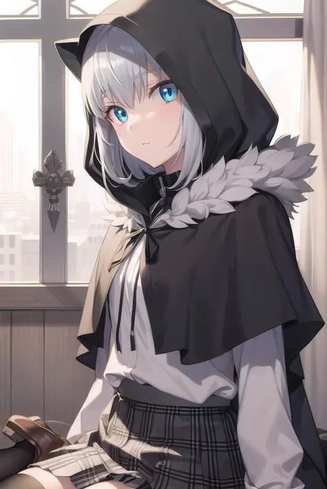 fgogray, <lyco:gray-lyco-nochekaiser:1>,
gray, blue eyes, short hair, grey hair, ahoge, 
BREAK black cape, black footwear, black ribbon, black shirt, black thighhighs, cape, grey skirt, hood, hood up, long sleeves, miniskirt, plaid, plaid skirt, pleated skirt, ribbon, shirt, skirt, solo, thighhighs, zettai ryouiki,
BREAK looking at viewer,
BREAK indoors,
BREAK <lyco:GoodHands-beta2:1>, (masterpiece:1.2), best quality, high resolution, unity 8k wallpaper, (illustration:0.8), (beautiful detailed eyes:1.6), extremely detailed face, perfect lighting, extremely detailed CG, (perfect hands, perfect anatomy),