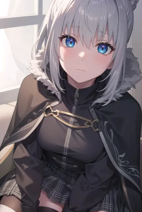 fgogray, <lyco:gray-lyco-nochekaiser:1>,
gray, blue eyes, short hair, grey hair, ahoge, 
BREAK hair bun, hair ribbon, ribbon, black cape, black footwear, black ribbon, black shirt, black thighhighs, cape, grey skirt, hood, long sleeves, miniskirt, plaid, plaid skirt, pleated skirt, ribbon, shirt, skirt, solo, thighhighs, zettai ryouiki,
BREAK looking at viewer,
BREAK indoors,
BREAK <lyco:GoodHands-beta2:1>, (masterpiece:1.2), best quality, high resolution, unity 8k wallpaper, (illustration:0.8), (beautiful detailed eyes:1.6), extremely detailed face, perfect lighting, extremely detailed CG, (perfect hands, perfect anatomy),