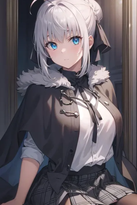fgogray, <lyco:gray-lyco-nochekaiser:1>,
gray, blue eyes, short hair, grey hair, ahoge,
BREAK hair bun, hair ribbon, ribbon, black cape, black footwear, black ribbon, black shirt, black thighhighs, cape, grey skirt, hood, long sleeves, miniskirt, plaid, plaid skirt, pleated skirt, ribbon, shirt, skirt, solo, thighhighs, zettai ryouiki,
BREAK looking at viewer,
BREAK indoors,
BREAK <lyco:GoodHands-beta2:1>, (masterpiece:1.2), best quality, high resolution, unity 8k wallpaper, (illustration:0.8), (beautiful detailed eyes:1.6), extremely detailed face, perfect lighting, extremely detailed CG, (perfect hands, perfect anatomy),