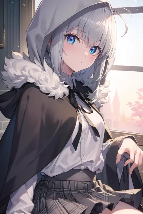 fgogray, <lyco:gray-lyco-nochekaiser:1>,
gray, blue eyes, short hair, grey hair, ahoge,
BREAK black cape, black footwear, black ribbon, black shirt, black thighhighs, cape, grey skirt, hood, hood up, long sleeves, miniskirt, plaid, plaid skirt, pleated skirt, ribbon, shirt, skirt, solo, thighhighs, zettai ryouiki,
BREAK looking at viewer,
BREAK indoors,
BREAK <lyco:GoodHands-beta2:1>, (masterpiece:1.2), best quality, high resolution, unity 8k wallpaper, (illustration:0.8), (beautiful detailed eyes:1.6), extremely detailed face, perfect lighting, extremely detailed CG, (perfect hands, perfect anatomy),