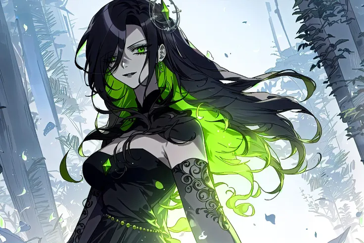 A masterpiece, very detailed, ultra detailed, one, (1 woman), She is in a tight black leather dress with green details and in an elegant pose, super mature, tall, mom, mature mother, super long hair, black-dark hair, curly hair, beautiful, charming, emerald green eyes, elegant, large breasts (middle), cheerful breasts, serious face, intimidating dark background, atmosphere against the background of a Hell.