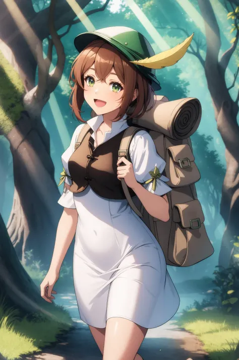 (masterpiece, best quality), forest, light rays, DLSS RTX ON AMD FSR INSERT NONSENSE HERE, tressa, hat feather, white dress, backpack, :D, <lora:octopath_tressa:1>