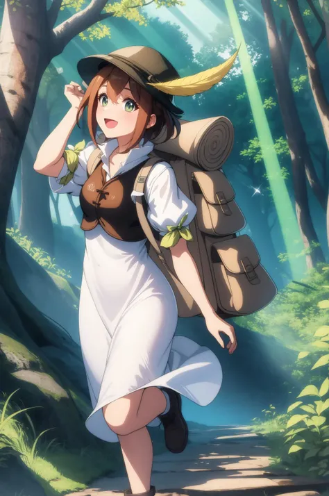 (masterpiece, best quality), forest, light rays, DLSS RTX ON AMD FSR INSERT NONSENSE HERE, tressa, hat feather, white dress, backpack, :D, <lora:octopath_tressa:1>