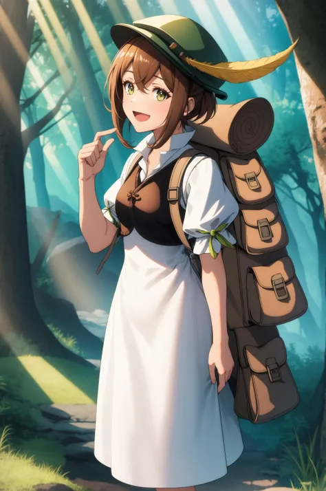 (masterpiece, best quality), forest, light rays, DLSS RTX ON AMD FSR INSERT NONSENSE HERE, tressa, hat feather, white dress, backpack, :D, <lora:octopath_tressa:1>