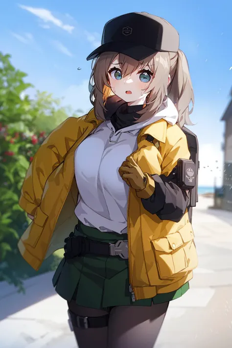 1girl,unparalleled masterpiece, mature female, ((thick thighs, huge chest, mature, adult))
girls'_frontline, dima_(girls'_frontline), aningay, 1girl, baseball_cap, black_headwear, blue_eyes, blush, brown_hair, cropped_legs, gloves, green_gloves, green_shirt, green_skirt, grey_pantyhose, hair_between_eyes, hat, jacket, long_hair, long_sleeves, looking_at_viewer, looking_back, open_mouth, pantyhose, shirt, skindentation, skirt, solo, sweat, yellow_jacket
<lora:dimaGirlsFrontline_10:0.6>