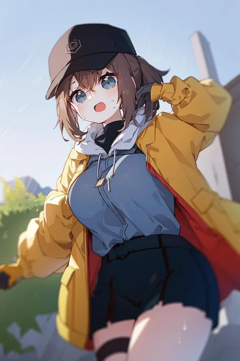 1girl,unparalleled masterpiece, mature female, ((thick thighs, huge chest, mature, adult))
girls'_frontline, dima_(girls'_frontline), aningay, 1girl, baseball_cap, black_headwear, blue_eyes, blush, brown_hair, cropped_legs, gloves, green_gloves, green_shirt, green_skirt, grey_pantyhose, hair_between_eyes, hat, jacket, long_hair, long_sleeves, looking_at_viewer, looking_back, open_mouth, pantyhose, shirt, skindentation, skirt, solo, sweat, yellow_jacket
<lora:dimaGirlsFrontline_10:0.6>