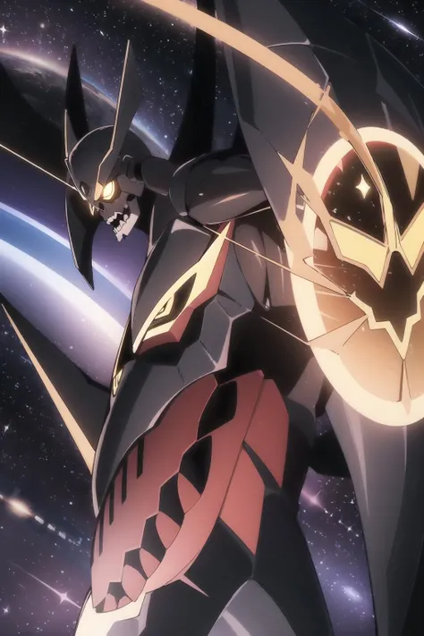 mecha, robot, glowing, glowing_eyes, space, super_robot, sharp_teeth, teeth, solo, looking_at_viewer, star_(sky), open_mouth, armor, fangs, monster, starry_sky, sky, science_fiction, claws, fire, wings, extra_eyes, moon, drill, night, upper_body, galaxy, night_sky, straight-on, skull
