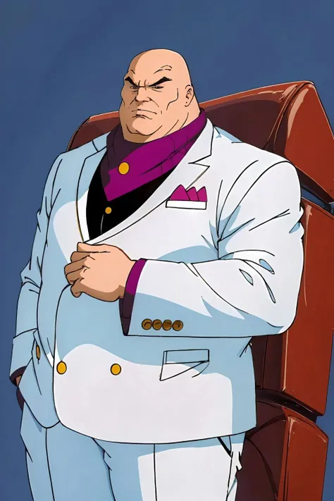 masterpiece, best quality, kingpin, upper body, formal suit, looking at viewer, simple background <lora:Kingpin_v1:1>