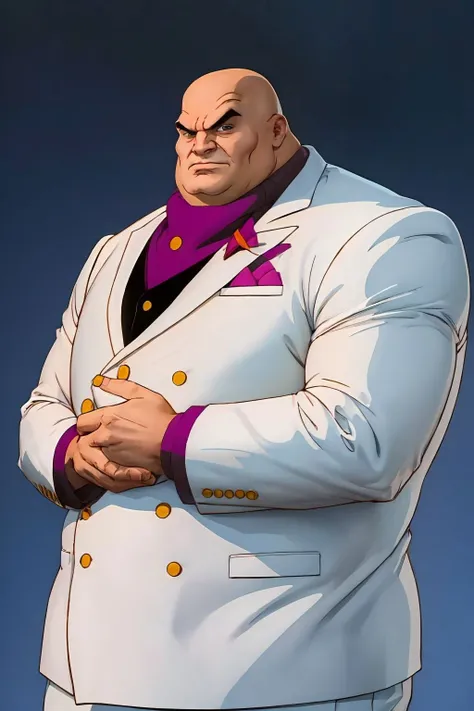masterpiece, best quality, kingpin, upper body, formal suit, looking at viewer, simple background <lora:Kingpin_v1:1>