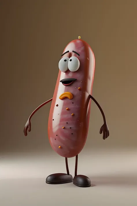 Hot dog weenie attached to 2 meat balls at the bottom not alive normal hot dog weenie food attached to two meat balls at bottom which are also attached to each other weenie is curvy