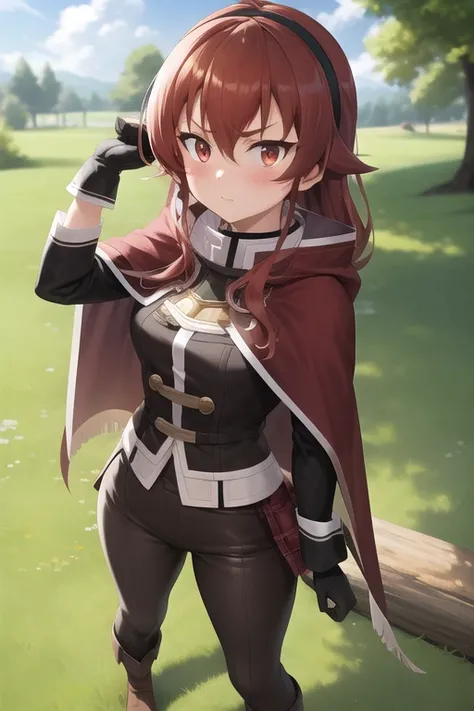 <lora:eris_v6:1> eris greyrat, 1girl, black gloves, black pants, blush, brown footwear, cloak, cloud, cloudy sky, gloves, grass, hand up, long hair, looking at viewer, looking down, outdoors, pants, red eyes, red hair, shoes, sky, solo, standing, absurdres, commentary, highres, lunia, mushoku tensei