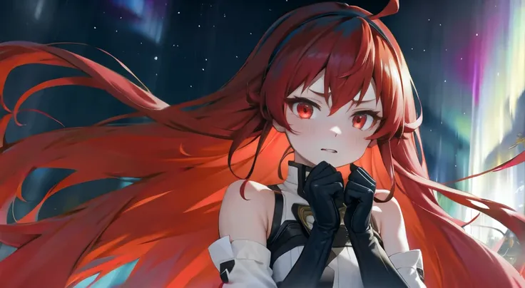 <lora:erisMushokuTensei_v1:1> eris greyrat,((good face)),(masterpiece), ahoge,bangs, bare shoulders, black hairband, dynamic,red hair,solo,wide shot,gloves,red eyes,long hair, flat chest, ((aurora:1.5)) , (ambient light ), empty-handed,solo,1girl,The stars twinkle, highres, mushoku tensei,night,sky,galaxy,star,night sky,jitome