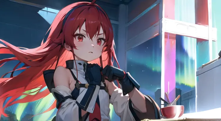 <lora:erisMushokuTensei_v1:1> eris greyrat,((good face)),(masterpiece), ahoge,bangs, bare shoulders, black hairband, dynamic,red hair,solo,wide shot,gloves,red eyes,long hair, flat chest, ((aurora:1.4)) , (ambient light ), empty-handed,solo,1girl,The stars twinkle, highres, mushoku tensei,night,sky,galaxy,star,night sky,jitome