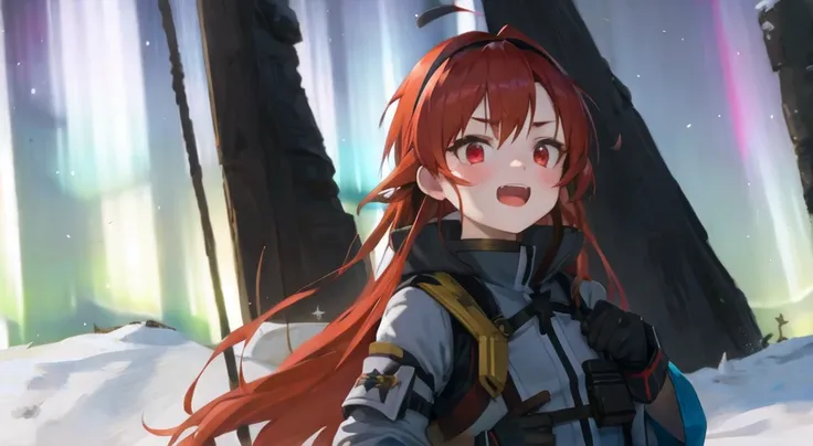<lora:erisMushokuTensei_v1:1> eris greyrat,((good face)),(masterpiece), ahoge,bangs, bare shoulders, black hairband, dynamic,red hair,solo,wide shot,gloves,red eyes,long hair, flat chest, ((aurora:1.5)) , (ambient light ), empty-handed,solo,1girl,The stars twinkle, highres, mushoku tensei,night,sky,galaxy,star,night sky, snowfield,snow,(shadow:1.2),reflect,, blush, shy, , laughing, (flag)