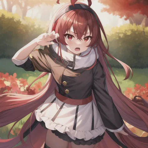 masterpiece, eris greyrat, 1girl, ahoge, bangs, black hairband, cape, crossed bangs, fire, hair between eyes, hairband, long hair, long sleeves, looking at viewer, open mouth, red eyes, red hair, mushoku tensei, solo, standing, (flowery field), open mouth, <lora:erisMushokuTensei_v1>