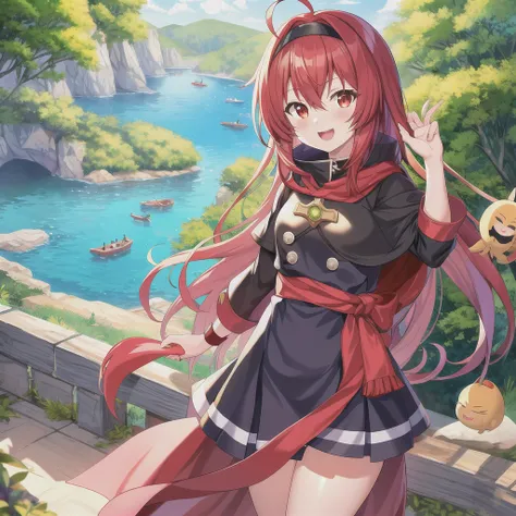 eris greyrat, 1girl, ahoge, bangs, black hairband, cape, crossed bangs, red hair, hair between eyes, hairband, long hair, long sleeves, standing to the right, looking at viewer, open mouth, red eyes, signature, smile, solo, standing, nearby river, beautiful scenery, flowers, clouds, absurdres, highres, omagacchu, mushoku tensei <lora:eris_v6:1>