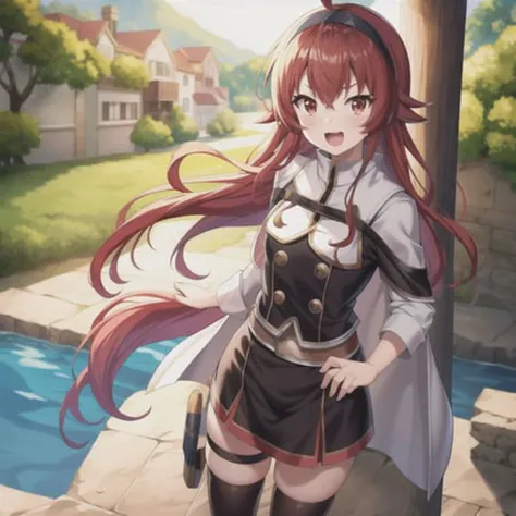 eris greyrat, 1girl, (solo), ahoge, bangs, black hairband, cape, crossed bangs, red hair, hair between eyes, hairband, long hair, long sleeves, standing to the right, looking at viewer, open mouth, red eyes, signature, smile, solo, standing, nearby river, beautiful scenery, flowers, clouds, absurdres, highres, omagacchu, mushoku tensei <lora:erisMushokuTensei_v1:1>