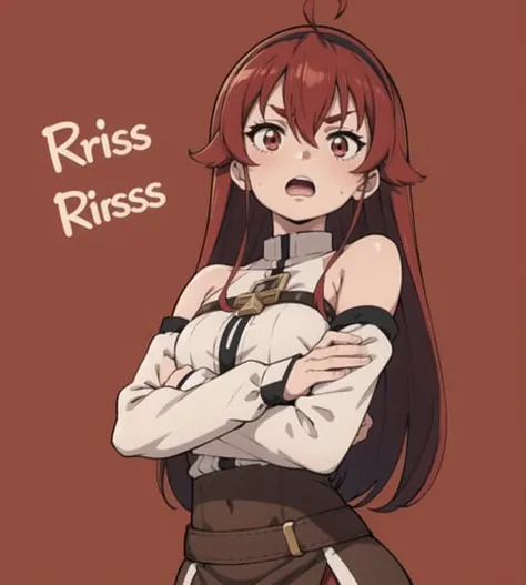 eris greyrat, 1girl, ahoge, bangs, bare shoulders, black hairband, brown skirt, character name, open mouth, clothing cutout, crossed arms, hair between eyes, hairband, long hair, long sleeves, looking at viewer, red eyes, red hair, shoulder cutout, simple background, skirt, solo, commentary, highres, haaam, mushoku tensei,
outdoors,