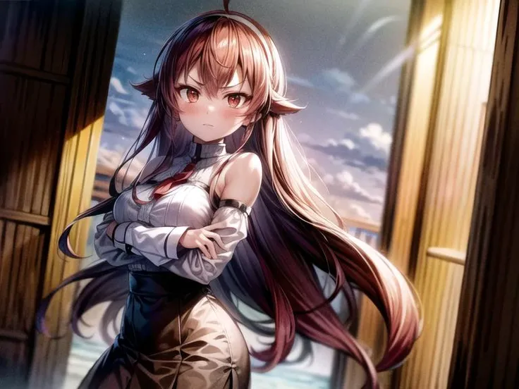 eris greyrat, 1girl, solo, long hair, ahoge, red eyes, red hair, bare shoulders,hairband, crossed arms,blush, skirt, black hairband, breasts, detached sleeves,bangs, hair between eyes, long sleeves, hair flaps, closed mouth, black skirt, brown skirt, shirt, crossed bangs, very long hair, white shirt,biwm,pointing at self,shouting,angry, <lora:mt_eris:1> <lora:biwm:1.5> <lora:add_detail:1>