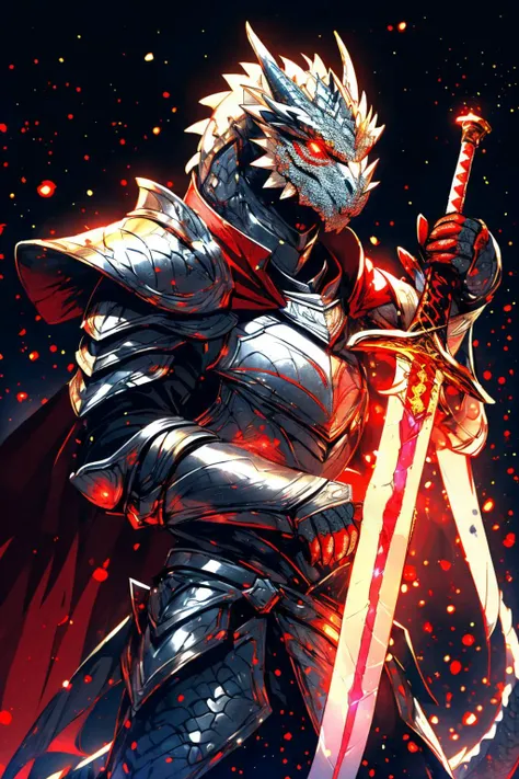 masterpiece, best quality, highres, extremely detailed 8k wallpaper, very clear, (Solo 1boy wearing white and red armor, holding red sword by the handle, glowing red eyes, cape:1.3), (black simple glowing background:1.25), <lora:MISC_ADD_DETAIL:0.3>, <lora:hailoknight12:1>, wide-angle , natural lighting, soft lighting, sunlight, High Dynamic Range, Maximum Clarity And Sharpness, Multi-Layered Textures, <lora:dragonborn_offset:0.8>, dragonborn, <lora:MISC_LOWRA:0.2>, silver dragonborn, male, horns, solo, scales, armor, tail, shoulder armor, pauldrons, art by greg rukovski