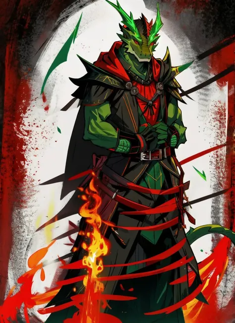<lora:dragonborn_offset:1>,, Green scales, (green) dragonborn, male, solo, gloves, standing, tail, whole body, red eyes, cute face, wings, horns, black hooded robe, black clothes with red stripes, red belt, claws, steel gloves, arms crossed on the chest, breastplate, dragon tail, dragon face, [against the background of fire, bursts of lava erupting volcano,]