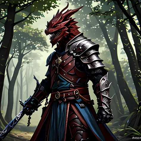 anthropomorphic dragon, dragonborn, RED dragonborn, holding a sword, <lora:lcm_sd15:0.8> <lora:dragonborn_offset:0.5> , forest trees, blue armor