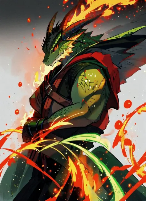 <lora:dragonborn_offset:1>,, Green scales, (green) dragonborn, male, solo, gloves, standing, tail, whole body, red eyes, cute face, wings, horns, black hooded robe, black clothes with red stripes, red belt, claws, steel gloves, arms crossed on the chest, breastplate, dragon tail, dragon face, [against the background of fire, bursts of lava erupting volcano,]