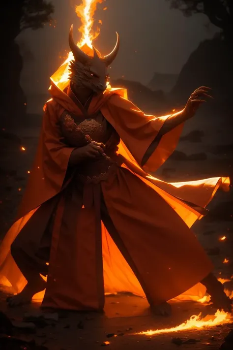 A female bronze dragonborn, horns, tail, scales, claws, shaolin robes, (fighting:1.1), glowing, flying debris, magic, aura, energy, r1ge, <lora:dragonborn_offset:1>, <lora:r1ge - AnimeRage:1>