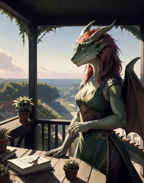Create a realistic image of a large dragon with dark green scales and enormous wings, perched on a rocky cliff. In front of the dragon, place a young woman in detailed medieval attire, looking up at the dragon with a mix of awe and determination. The setting is a dramatic, mountainous landscape with clouds and mist.