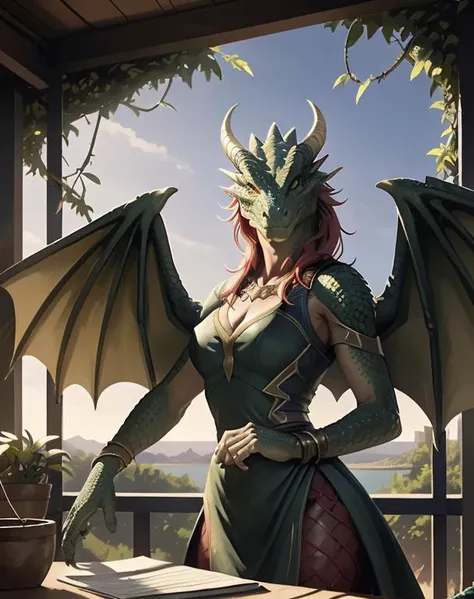 Medieval fantasy dragon, verde, Grand Grandeur, paisaje de rocas.