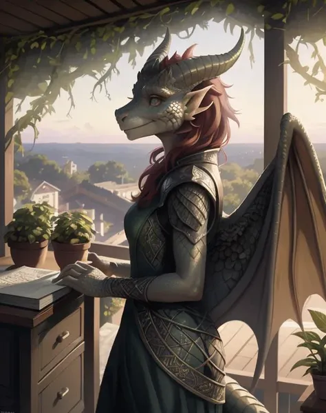 Female dragonborn, horns, wings, tail, red hair, fantasy dress, smiling, looking off into the horizon away from viewer, book on a nearby desk, dusk, porch with lots of pot plants and hanging vines, ((masterpiece, best quality)), art by greg rutkowski <lora:dragonborn_offset:1>, detailed face